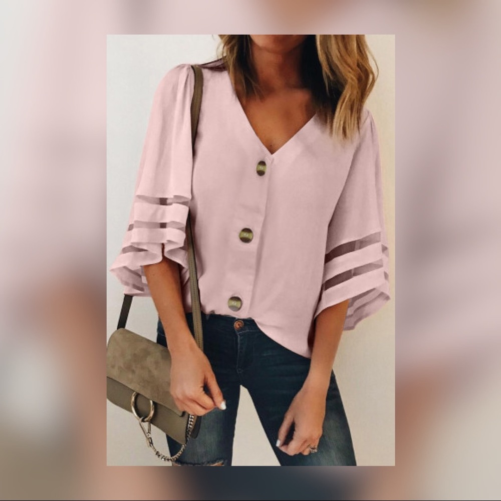 🆕 Flare Sleeve V Neck Button Down Blouse
